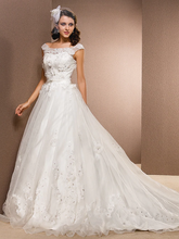 A-Line Wedding Dresses Scoop Neck Chapel Train Lace Organza Sleeveless with Sash  Ribbon Beading Appliques