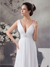 A-Line Wedding Dresses V Neck Chapel Train Chiffon Satin Regular Straps with Crystals Beading Draping