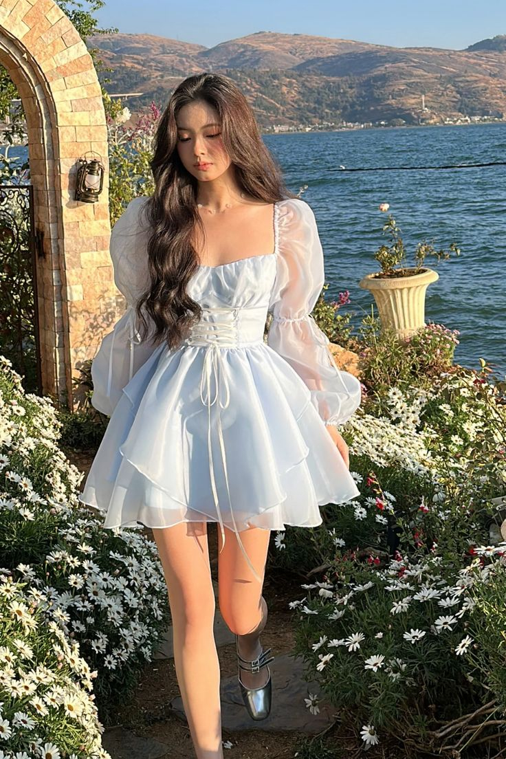 Blue A-line Princess Dress Blue Long Sleeves Homecoming Dress Blue Fairy Dress Y6083