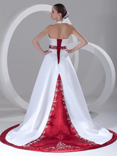 A-Line Wedding Dresses Halter Neck Chapel Train Satin Regular Straps with Sashes  Ribbons Beading Embroidery