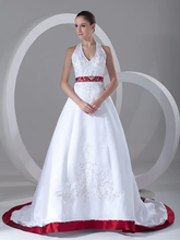A-Line Wedding Dresses Halter Neck Chapel Train Satin Regular Straps with Sashes  Ribbons Beading Embroidery