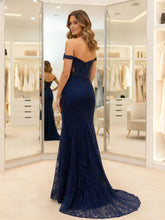 Navy Blue Lace Off-the-Shoulder Mermaid Prom Dress with Sheer Corset Plunge