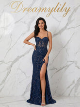 Navy Blue Spaghetti Straps Corset Sequin Prom Dress with Slit