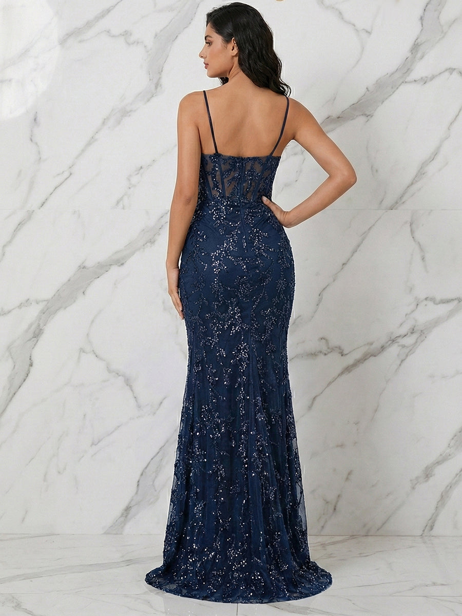 Navy Blue Spaghetti Straps Corset Sequin Prom Dress with Slit Anna PromDress Navy Blue Spaghetti Straps Corset Sequin Prom Dress with Slit Anna PromDress