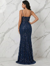 Navy Blue Spaghetti Straps Corset Sequin Prom Dress with Slit