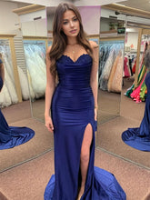 Navy Blue Strapless Ruched Bodice Satin Prom Dress with Lace Trim