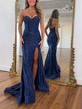 Navy Blue Strapless Sequin Prom Dress with Linear Beading