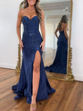 Navy Blue Strapless Sequin Prom Dress with Linear Beading