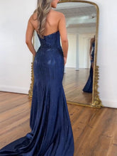 Navy Blue Strapless Sequin Prom Dress with Linear Beading