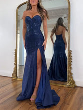 Navy Blue Strapless Sequin Prom Dress with Linear Beading