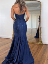 Navy Blue Strapless Sequin Prom Dress with Linear Beading