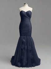 Dusty Rose Mermaid Strapless Ruched Tulle Prom Dress with 3D Floral