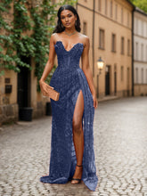 Red Strapless Beaded Fringe Waist Sequin Prom Dress with High Slit