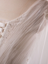 A-Line Wedding Dresses V Neck Floor Length Lace Satin Tulle Half Sleeve Formal Plus Size with Pearls Beading Appliques