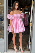 Pink Square Neck Balloon Sleeves A-Line Homecoming Dress Y2434