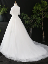 A-Line Wedding Dresses V Neck Court Train Satin Tulle Half Sleeve Simple Elegant with Appliques