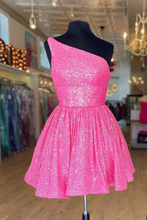 Hot Pink One Shoulder A Line Short Homecoming Dress Sequins Y1487