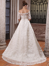 Ball Gown Wedding Dresses Scalloped-Edge Off Shoulder Court Train Satin Half Sleeve
