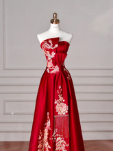 Gorgeous Red Satin Sequin Embroidery A Line Prom Dress Strapless Evening Dress Y8631