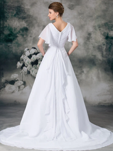 A-Line Wedding Dresses V Neck Chapel Train Chiffon Satin Short Sleeve with Ruched Beading