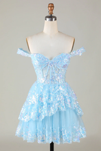 Sparkly Blue Corset Tiered Lace A-Line Short Homecoming Dress Y4083