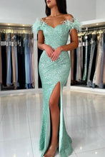 Off The Shoulder Light Green Split Front Prom Dress with Sequins