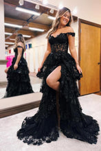 Long Off-the-Shoulder Black Lace A-line Evening Prom Dress with Side Split