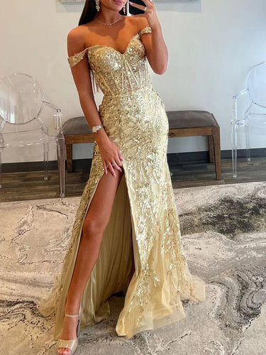 Off-the-Shoulder Sequin Lace Mermaid Long Porm Dress with Slit