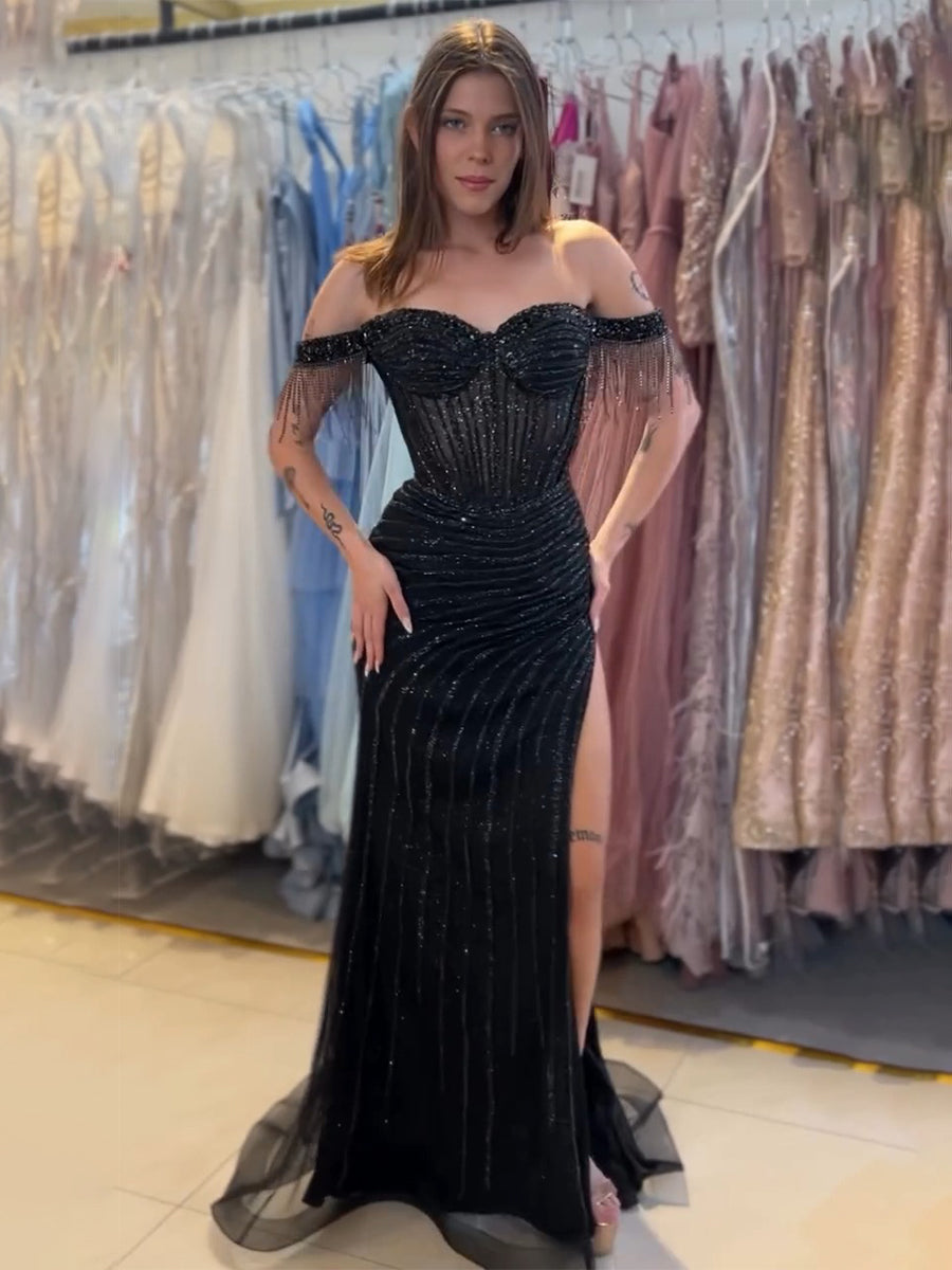 Off-the-Shoulder Beaded Tulle Long Prom Dress with Swirling Sequins