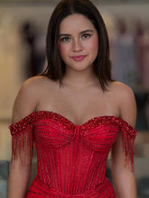 Off-the-Shoulder Beaded Tulle Long Prom Dress with Swirling Sequins