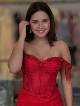 Off-the-Shoulder Beaded Tulle Long Prom Dress with Swirling Sequins