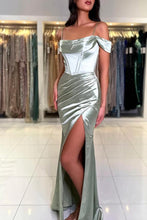 Charming Floor-Length Off-The-Shoulder Satin Mermaid Prom Dresses with Split