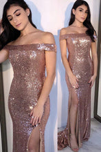 Off Shoulder Rose Gold Sequin Evening Dress with Slit SYP89