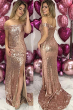 Off Shoulder Rose Gold Sequin Evening Dress with Slit SYP89