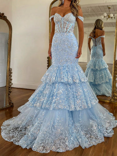 Off The Shoulder Tiered Ruffle Mermaid Prom Dress with Lace Appliqué