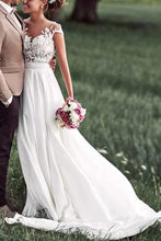 Off White Lace Cap Sleeves Chiffon Beach Wedding Dresses With Appliques, MW589