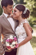 Off White Lace Cap Sleeves Chiffon Beach Wedding Dresses With Appliques, MW589