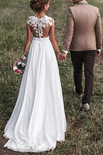 Off White Lace Cap Sleeves Chiffon Beach Wedding Dresses With Appliques, MW589