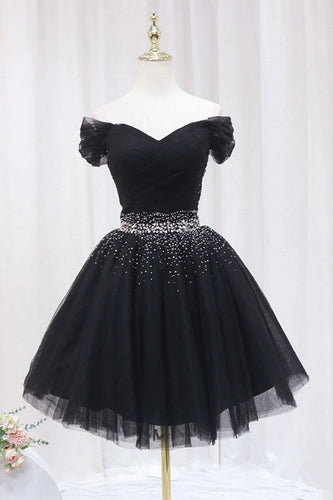Off The Shoulder Black Homecoming Dress Tulle Short Prom Dress PD468