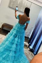 Adalynn | Royal Blue Off the Shoulder Ruffle Tiered Tulle Long Prom Dresses with Slit