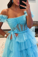 Adalynn | Royal Blue Off the Shoulder Ruffle Tiered Tulle Long Prom Dresses with Slit