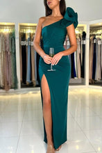 One Shoulder Dark Green Flowers Split Front Prom Dress