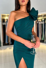 One Shoulder Dark Green Flowers Split Front Prom Dress
