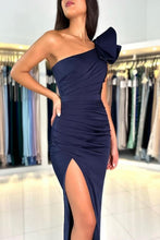 One Shoulder Navy Blue Stain Front Split Prom Dress with Ruffles