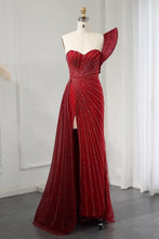 One Shoulder Wine Red High Split Evening Dress with Beadings
