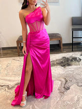One-Shoulder Corset Bodice Prom Dress with High Slit