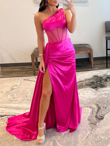 One-Shoulder Corset Bodice Prom Dress with High Slit