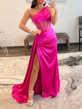 One-Shoulder Corset Bodice Prom Dress with High Slit
