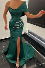 One shoulder Emerald green front split Prom Dress with beads
