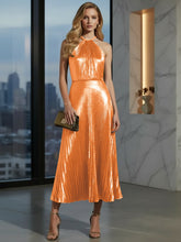 Luxurious Champagne-Gold Pleated Halter Midi Prom Dress